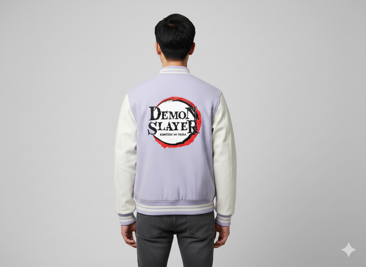 Demon Slayer Varsity Jacket | Kimetsu no Yaiba Lavender & Cream Letterman